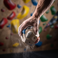 Chalky hand gripping the Boulder Block in a gym